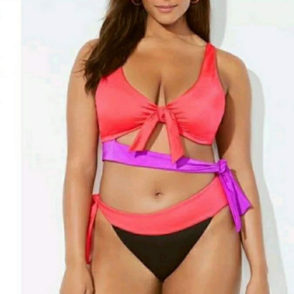 Ashley Graham Monokini Cut Out Wrap One Piece Swimsuit Black Coral Sz 8